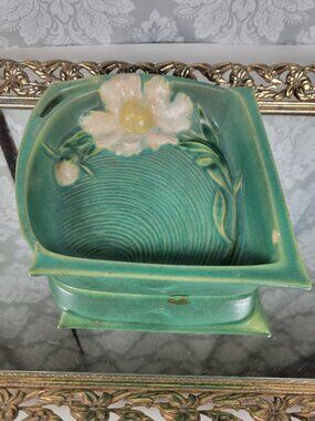 Vintage Roseville Pottery Peony Tray - Ashtray Nile Green w/White Yellow Flower